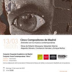 Cartel del próximo concierto de música contemporánea de Conjunto Orquestal Académico de Madrid. Cinco Compositores de Madrid