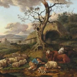 Dutch School, 18th Century A Sleeping Shepherd, with Cattle, Sheep and a Sheepdog