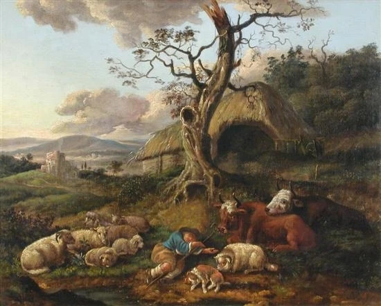 Dutch School, 18th Century A Sleeping Shepherd, with Cattle, Sheep and a Sheepdog
